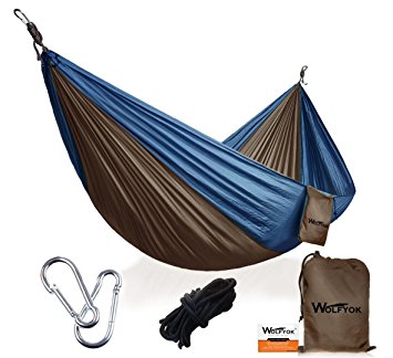 Portable Outdoor Hammocks [3rd Generation]Wolfyok(TM) Multifunctional Lightweight Nylon Parachute Travel Camping Hammock,Blue/Brown
