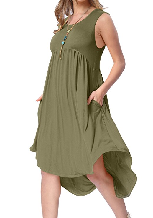 levaca Womens Summer Plain Sleeveless Pockets High Low Casual Swing Midi Dress