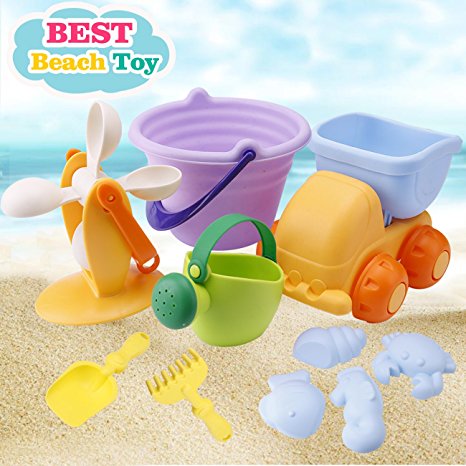 Beach Toys Set for Kids Toddlers Baby Sand Toys for Girls Boys, Soft 10 Pieces Pool Toy Set with Mesh Bag Truck Bucket Watering Can Water Whee Shovels Rakes,Fish Crab Sand Molds (10 Pieces Beach Toy)