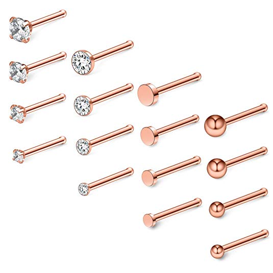 Ruifan 20G 18G Surgical Steel 1.5mm-3mm Flat Ball Clear Diamond CZ Nose Stud Rings Bone Pin Piercing Jewelry 16PCS