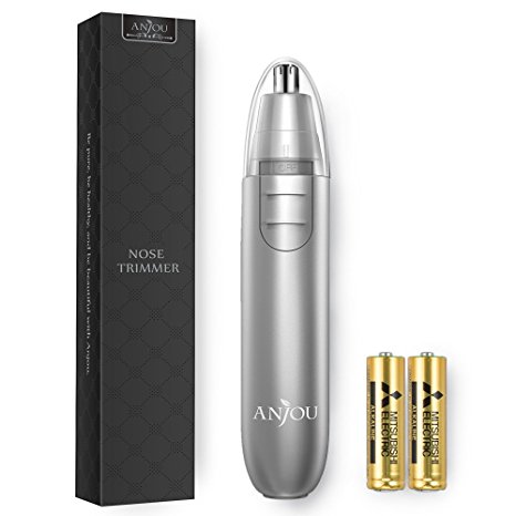 Anjou Electric Nose Hair Trimmer with 2 Free Batteries Build-in Stainless Steel Dual-edge Blades and LED Light for Men Hair Groomer (Silver)