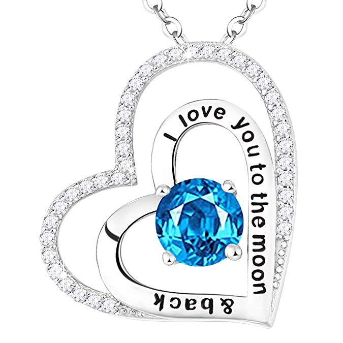 Natural Swiss Blue Topaz December Birthstone Jewelry Double Love Hearts Necklace Christmas Birthday Gifts for Women I Love You to the Moon and Back