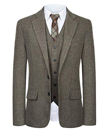 CMDC Men Suit Slim Fit Tweed Wool Blend Herringbone Vintage Tailored Modern Fit Suit
