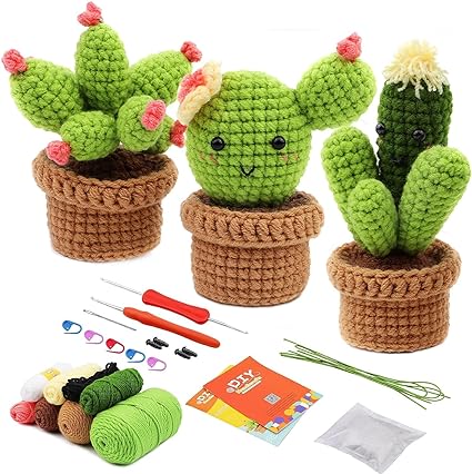 ALINK Crochet Starter Kit, Crochet Kit for Beginners, Beginner Crochet Kit for Adults, with Crochet Hooks, Yarn, Polyester Fiber, Stitch Markers, Plastic Eyes and Instructions - Green 3 pcs
