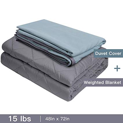 Admitrack Weighted Blanket & Removable Cover Heavy Blanket 100% Cotton Material with Glass Beads for Kids & Adult (Grey+Blue, 48''x72'',15lbs)
