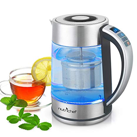 Digital Hot Water Glass Kettle - 1.7L Portable Easy Pour Teapot Boiler - Electric Coffee Brewer Tea Heater Stainless Steel Inner Pot, Filter, Adjustable Temperature Control - NutriChef PKWTK75