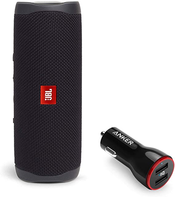 JBL Flip 5 Waterproof Portable Wireless Bluetooth Speaker Bundle with 2-Port USB Car Charger - Black