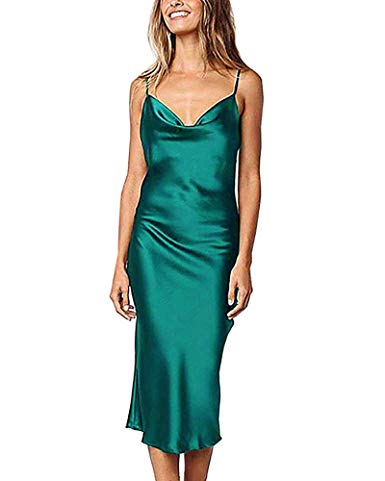 Moxeay Womens Cowl Neck Backless Spaghetti Strap Satin Midi Dress Cocktail Bodycon Midi Dress