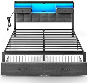 Rolanstar Bed Frame King Size with Drawers and Charging Station, Upholstered Platform Bed with Storage Headboard and LED Light, Heavy Duty Metal Frame Support, No Box Spring Needed, Noise Free, Grey