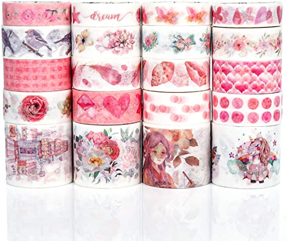 PuTwo Washi Tape, 20 Rolls Decorative Tape, 10mm/15mm/30mm Washi Tape Set, Decorative Tape, Cute Washi Tape, Pink Washi Tape, Japanese Washi Tape, Washi Tape for Journal, Decorative Tape for Crafts