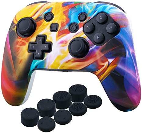 YoRHa Studded Silicone Transfer Print Cover Skin Case ONLY for Nitendo Official Switch Pro Controller x 1(Colourful Stream) with Pro Thumb Grips x 8