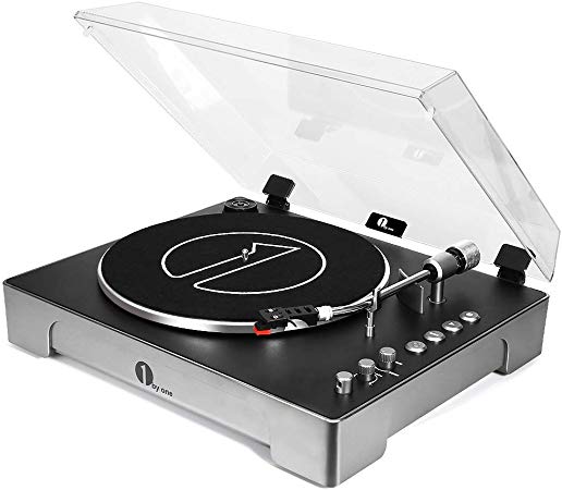 1byone Fully-Automatic 3-Speed Turntable Record Player with Adjustable Counterweight & Pitch Control, Vinyl-to-MP3 USB Computer Recording, Remote Control, Aux-In and Out