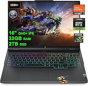 Lenovo Legion Pro 5 Gaming Laptop 16" QHD+ 2560x1600 165Hz (100% sRGB G-SYNC) AMD Zen 4 Octa-Core Ryzen 7 7745HX (&gt;i7-12700H) 32GB RAM 2TB SSD GeForce RTX 4060 RGB Backlit FHD Camera Win11 +HDMI Cable