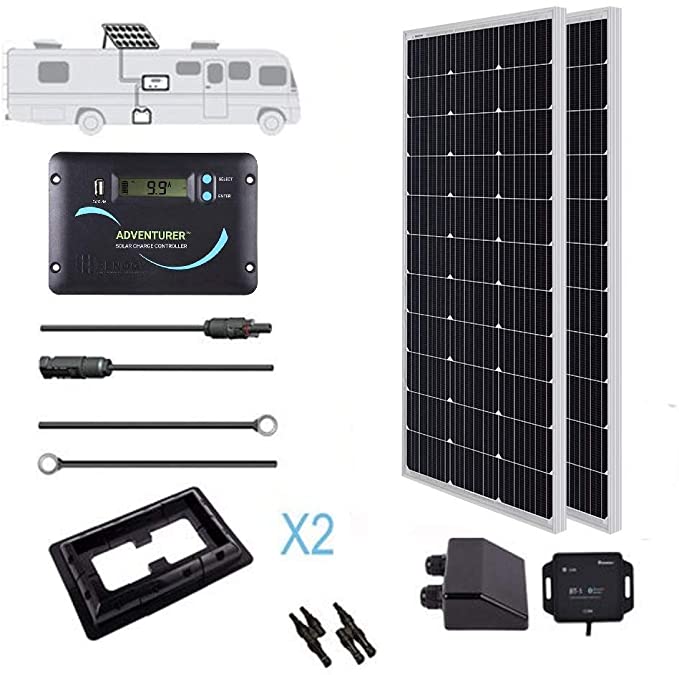 Renogy 200 Watts 12 Volts Monocrystalline Solar RV Kit with 30A PWM LCD Charge Controller/MC4 Connectors/Tray Cable/MC4 Connectors/Cable Entry housing for RV, Boat