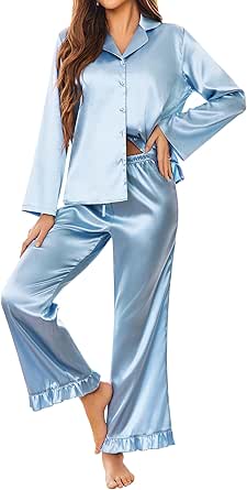 Ekouaer Silk Satin Pajamas Set Womens Long Sleepwear Button Down 2 Piece Classic Soft Loungewear Pjs Set