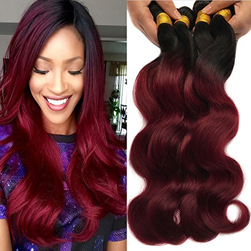 Black Rose Hair Body Wave Brazilian Ombre Human Virgin Remy Hair Bundles Extension Color 1b/99j Burgundy 18" 20" 22" 24" Human Hair Weave (Pack of 4, 95-100g/pc)