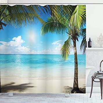 Ambesonne Tropical Beach Shower Curtain, Coconut Palm Trees Shadows on Caribbean Shore Summer Plants Idyllic, Cloth Fabric Bathroom Decor Set with Hooks, 84" Long Extra, Coconut Green