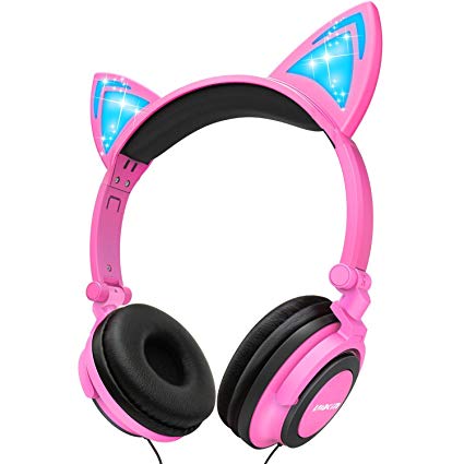 Kids Headphones with Cat Ear,Lobkin Wired Headphones Over Ear for Children,Foldable Headphone with Glowing Light for Kindle Fire, Samsung, iPad Tablets