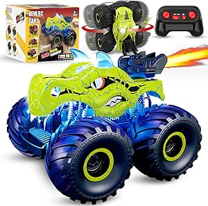 Remote Control Dinosaur Car, 2.4GHz RC Monster Trucks for Boys with Spray, Light & Sound, All Terrain RC Cars with 2 Batteries, Dinosaur Toys for Kids 3 4 5 6 7 8, Christmas Birthday Gift