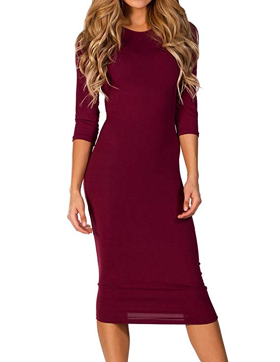 ICONOFLASH Women's 3/4 Sleeve Bodycon Midi Dress Crew Neck Fitted Dresses with Plus Size Options