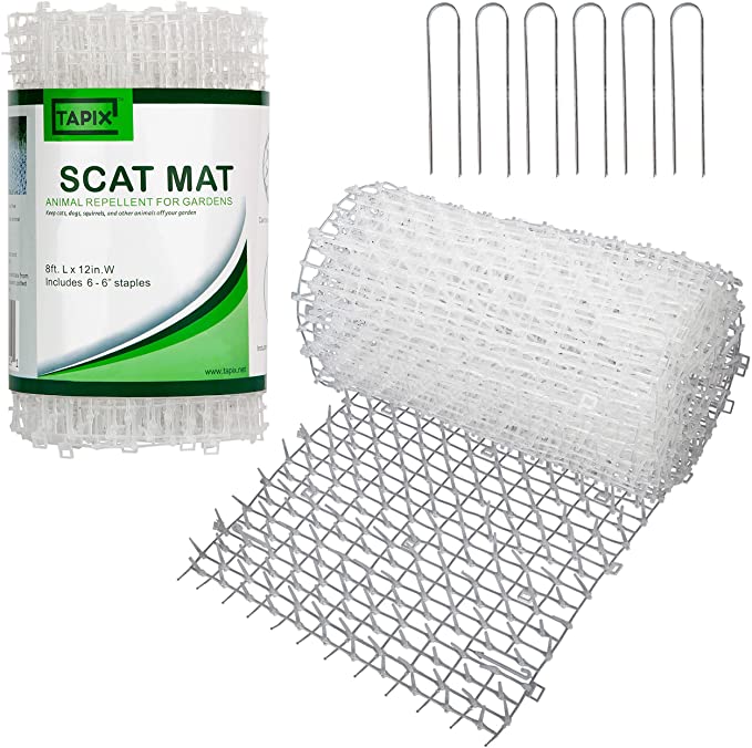 Tapix Cat Scat Mat Clear Anti-cat Network with Spikes Digging Stopper - Cat Deterrent Mat for Indoor and Outdoor 8 feet x 12 inch with 6 Staples