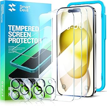 SmartDevil 3 Pack Screen Protector for iPhone 15 with 3-Pack Camera Lens Protector, 9H Clear Tempered Glass Film [Military Grade Shatterproof], Alignment Frame [Easy Installation]