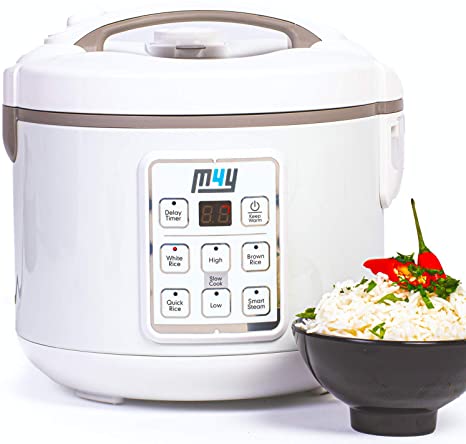 M4Y Rice Cooker, Slow Cooker and Food Steamer – 1.8 Litre - Keep Warm Function, Delay Timer, Premium Inner Pot, Spatula & Measuring Cup, Perfect Rice Every time– Quick & Easy, 8 Different Functions