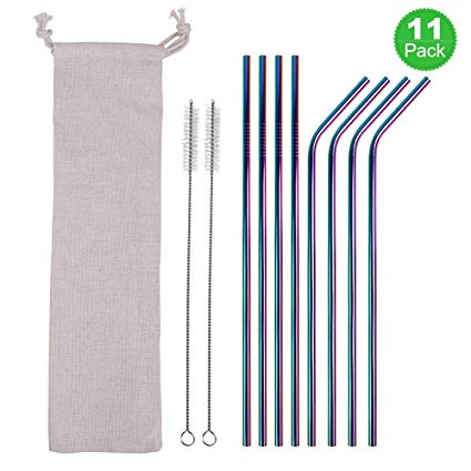 Metal Straws Stainless Steel Straws,8 10.5" Rainbow Multi-Colored Reusable Drinking Straws for 30/20oz Tumbler Cold Beverage,FDA-Approved Metal Straws for Drinks(4 Straight 4 Bent  2 Brushes 1 Pouch)