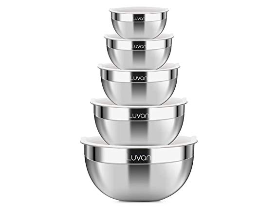 Luvan 18/10 304 Stainless Steel Mixing Bowls with Lids,Wide Rim for Easy Grip and Pouring,Extra Deep for Generous Servings,Stackable for Convenient Storage,FDA-Approved&BPA-free,Set of 5