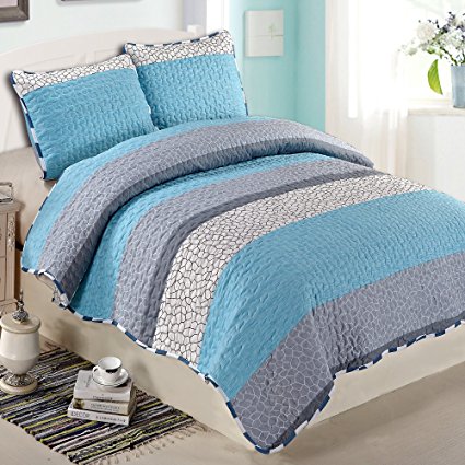 NTBAY 3 Pieces Blue and White Printed Queen Size 86x86 inches Quilt Set (Queen,Blue and White)