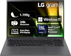 2024 LG gram 16 Zoll Notebook - 1199g Intel Core Ultra7 Laptop (32GB RAM, 2TB Dual SSD, 24h Akkulaufzeit, IPS Panel Anti-Glare Display, Win 11 Home) - Grau