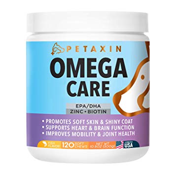 Petaxin Omega 3 Fish Oil for Dogs Chew - with EPA, DHA, and Biotin - Supports Healthy Skin, Shiny Coat, Hips & Joints, Heart Health, and Brain Function - Skin and Coat Supplement - Non-GMO - 120 Ct.