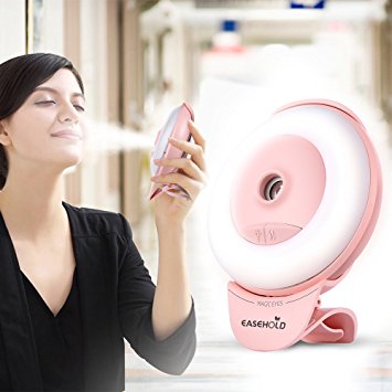 Easehold Facial Steamer, Face Mist Sprayer Skin Care Moisturizer Hydrating Water SPA Portable with LED Selfie Ring Light USB Rechargeable (Pink)