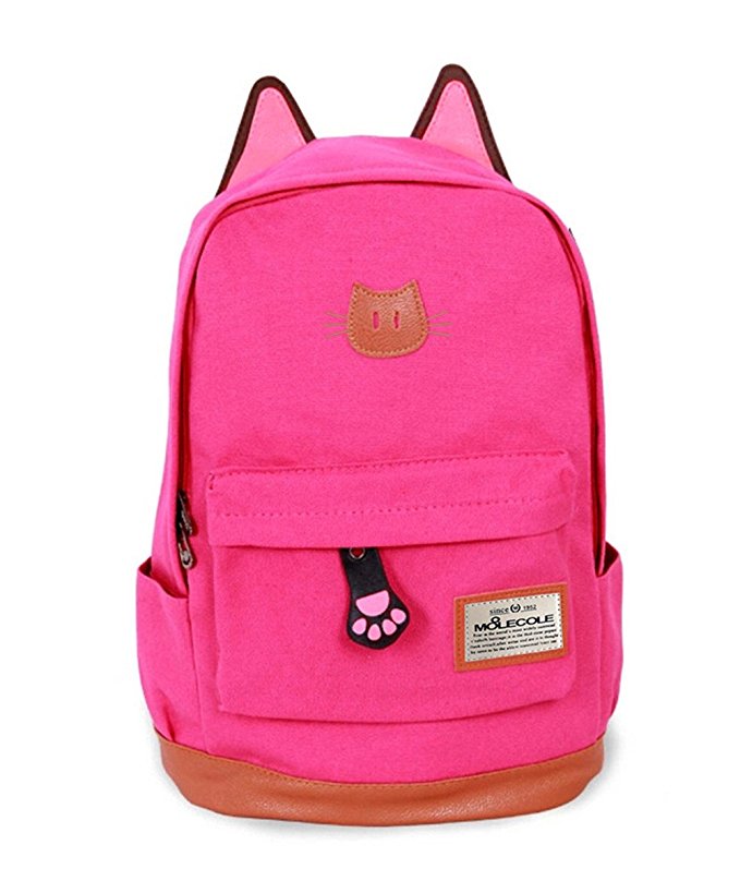 Moolecole Leather & Canvas Backpack School Bag Laptop Bag with Cat's Ears Design