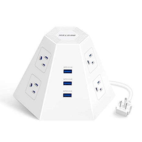 Upgraded Tower Power Strip with USB by BESTEK – Vertical 6 Outlet 6 Foot Long Power Cord, 3 USB Charging Ports … (White)