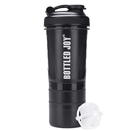 BOTTLED JOY Water Bottle, Protein Shaker Bottle With 3-Layer Twist and Lock Storage, 100% BPA-Free Leak Proof Shaker Cup for Fitness Sports and Travel Non-slip Mix Drinking Bottle 20oz 600ml