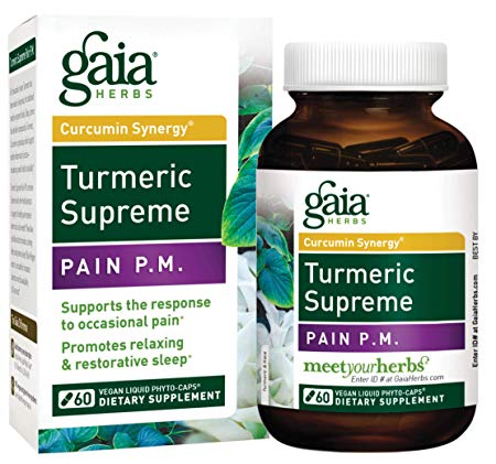 Gaia Herbs Turmeric Supreme Pain P.M, Vegan Liquid Capsules, 60 Count - Turmeric Curcumin Supplement Promotes Relaxing Sleep & Healthy Pain Response, with Kava & Valerian