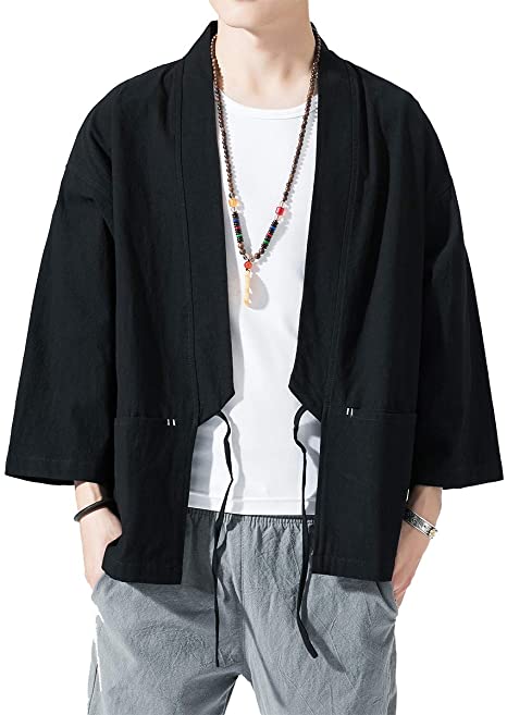 PRIJOUHE Men's Kimono Jackets Cardigan Lightweight Casual Cotton Blends Linen Seven Sleeves Open Front Coat Outwear