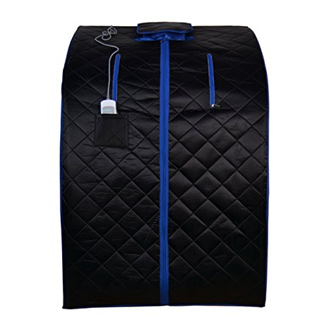 ALEKO PIN15BKBL Personal Folding Portable Home Infrared Sauna w/ Folding Chair and Foot Pad, Black w/ Blue Trim Color