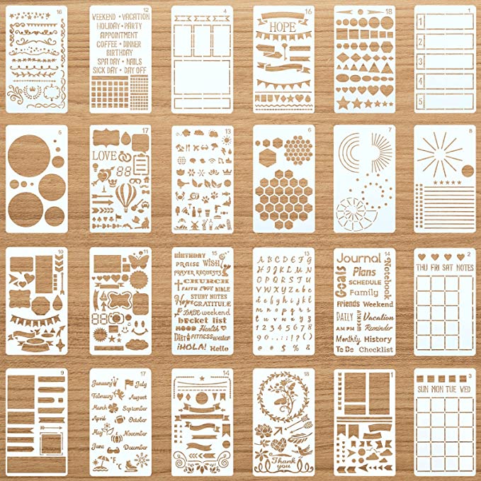 24 Pieces Productivity Bullet Home Craft Journal Stencils Plastic Planner DIY Drawing Template for Journal Time Saving Planner Creating Layouts Easy Calendars, Lists, Letters, Numbers, Habit