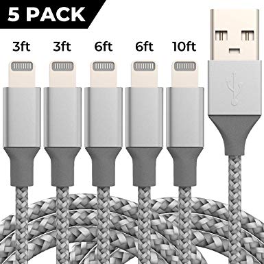 Lightning Cable 5 Pack Fast Speed Data Transmission Nylon Braided Charging Cable Compatible with iPhone Xs/XS Max/XR/X/8/8 Plus/7 Plus /7 /6s Plus /6s /6 Plus /6/5-5Pack 3FT 3FT 6FT 6FT 10FT Gray