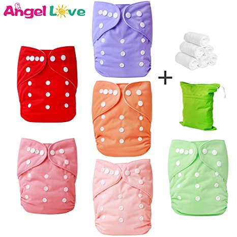 Cloth Diapers, Angel Love 6 Pack Diaper Covers 6 Diaper Inserts 1 Wet Dry Bag, Baby Washable Cloth Pocket Diapers, Reusable, All in one Size, Adjustable Snap, Gift Set, 2ZH02 (Girl Color)