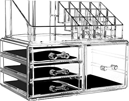 Cq acrylic Clear Makeup Organizer And Storage Stackable Small Skin Care Cosmetic Display Case With 4 Drawers Make up Stands For Jewelry Hair Accessories Beauty Skincare Product Organizing,Set of 2