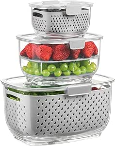 LUXEAR Fresh Produce Vegetable Fruit Storage Containers 3Piece Set, BPA-free Fridge Storage Container, Partitioned Salad Container, Fridge Organizers, Used in Storing Fruits Vegetables, Gray