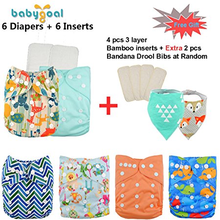 Babygoal Baby Washable Pocket Nappy, 6pcs Cloth Diapers   6 Inserts ,Boy color 6FB08