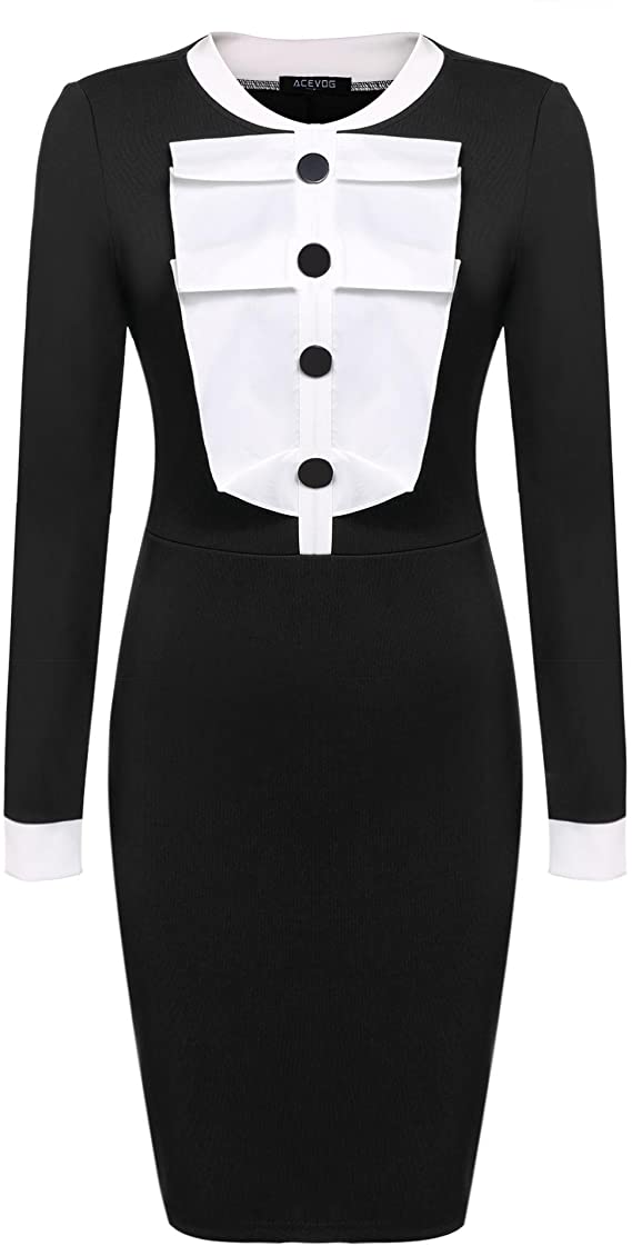 ACEVOG Women Long Sleeve Pencil Dress Ruffle Package Hip Slim Party Midi Knee Dress