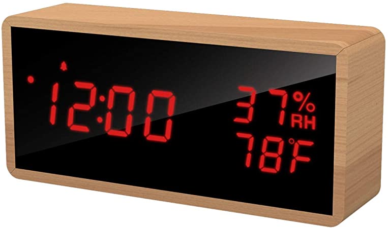 Wood Digital Alarm Clock for Bedrooms, Real Wood, Adjustable Brightness, 3 Sets of Alarms