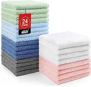 HOMEXCEL Microfiber Washcloths 24 Pack, Highly Absorbent and Soft Face Towel, Multi-Purpose Wash Cloths for Bathroom, Hotel, Spa, Gym, and Kitchen, 12x12 Inch