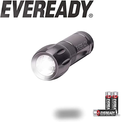 Eveready Compact LED Metal Flashlight​​​​ Water Resistant, Includes 3 Super Heavy Duty AAA Batteries, 21 Lumens, Black