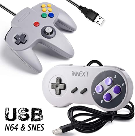 [USB Version] 2 Pack USB Classic Controller, iNNEXT USB N64 & SNES Controller Joystick for Windows PC MAC Linux Raspberry Pi 3 Sega Genesis Higan (Grey)